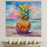 Watercolor Painting of Bright Pineapple with Tropical Ocean Waves and Colorful Sunset Sky on Ready to Hang 1.5" Thick Canvas Wrap, Floating Framed Canvas, Flat Rolled Canvas